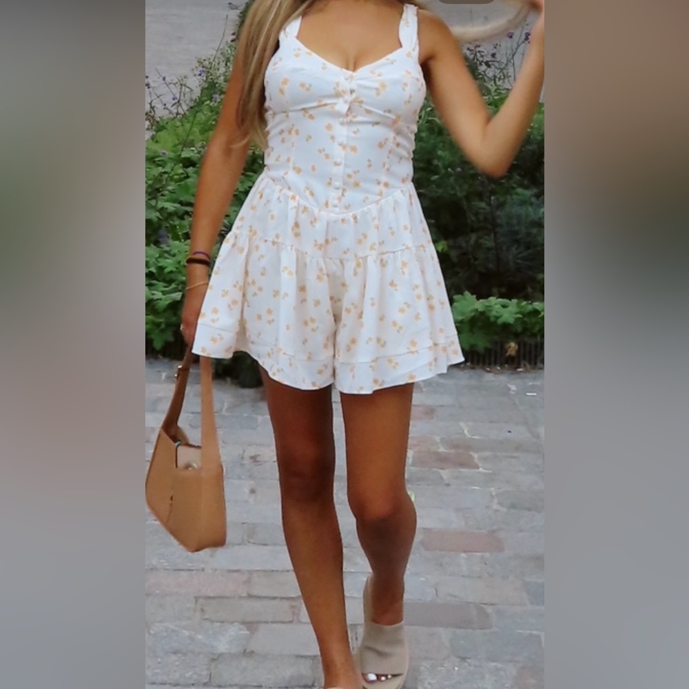 White Floral Romper with Yellow Accents